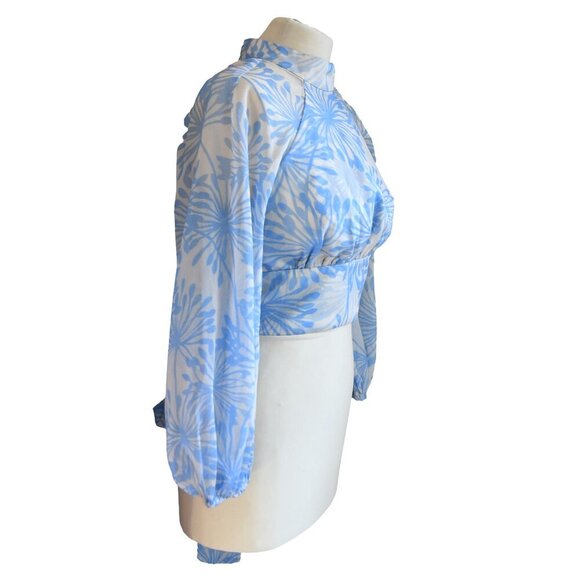 Amanda Uprichard Blue Floral Tie Back Top S Sheer High Neck Romantic *Minor Flaw - Picture 4 of 11